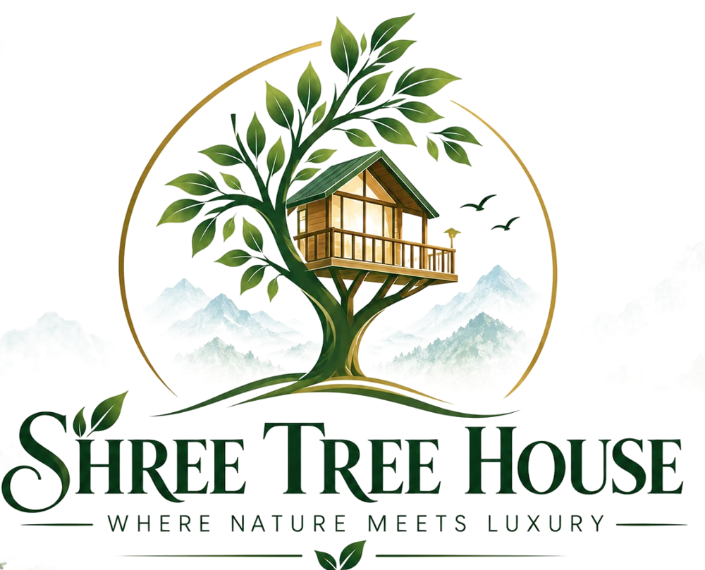 Shree Tree House logo: a treehouse in a tree with mountains behind